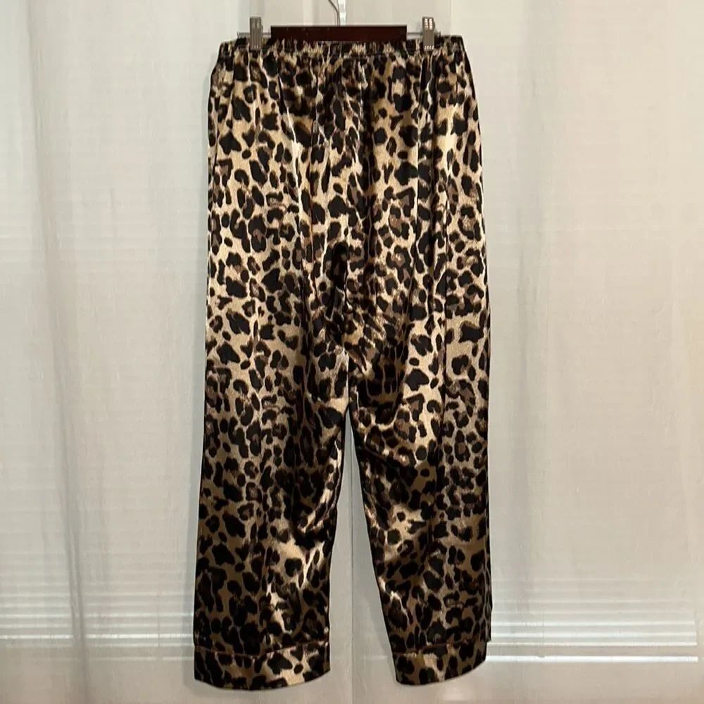 Satin 2X Animal Print Tan Black Brown Wide Leg Pajama Pants - Picture 2 of 8